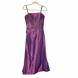 Eureka Dress Medium Purple Satin Sleeveless Maxi Beaded Floral Vintage 90s Gown